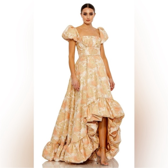 Mac Duggal 68276 Bubble Hem Square Neck Floral Puff Sleeve Hi-Lo Brocade Gown - Picture 2 of 16